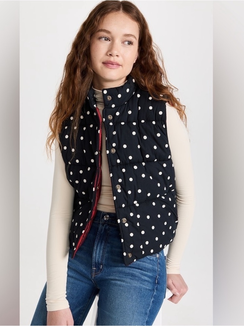 Clare V Black & White Polka Dot Puffer Vest REVERSIBLE to Red & Black stripes
